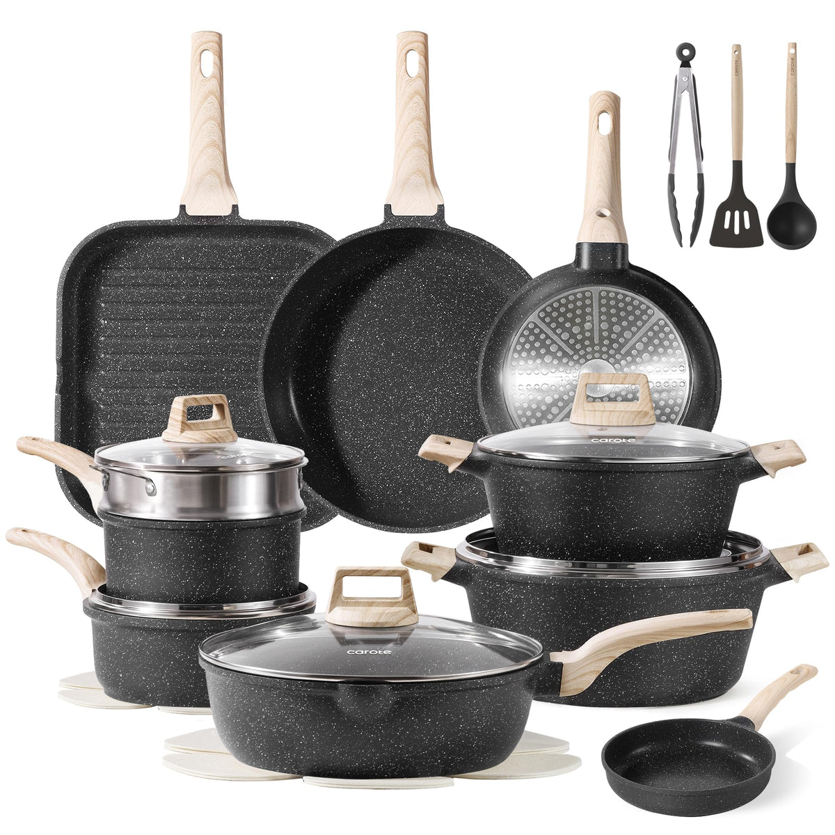 CAROTE 26Pcs cookware set top view with durable nonstick surface for easy cooking.