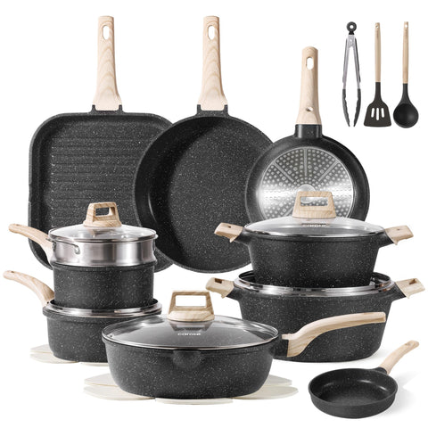 CAROTE 26Pcs cookware set top view with durable nonstick surface for easy cooking.