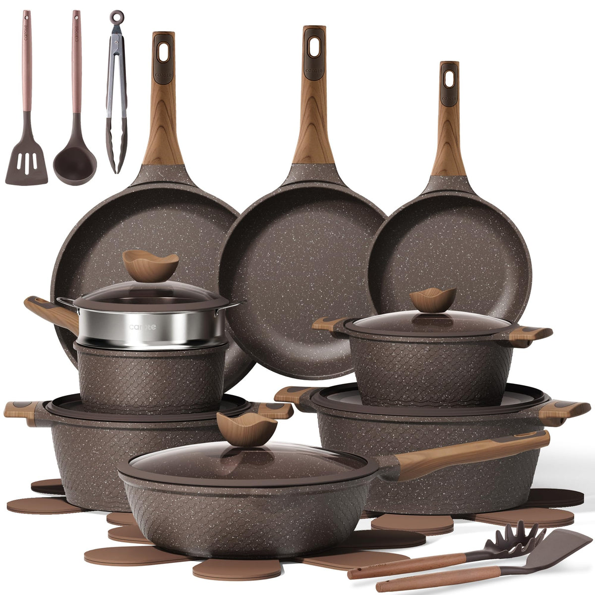 CAROTE 26-piece pots and pans set, front view for versatile daily cooking.