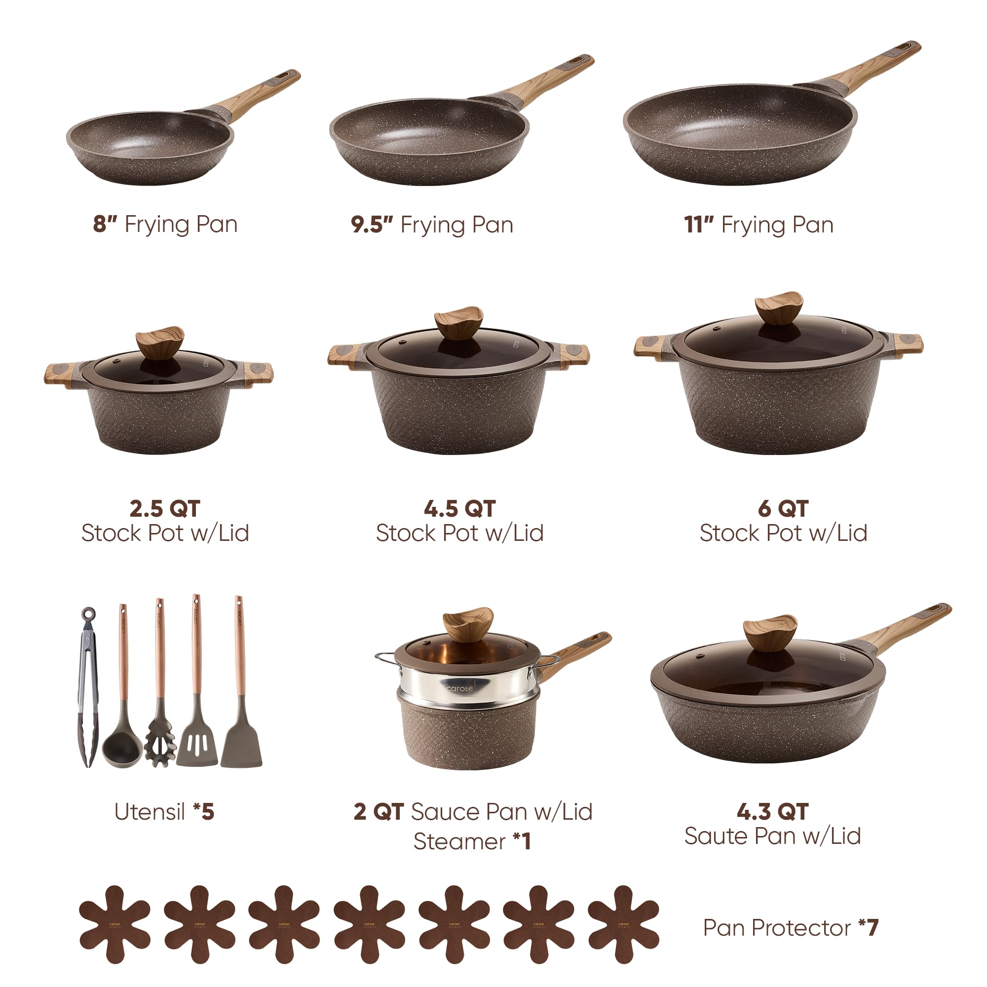 CAROTE 26-piece set lid collection, showing secure lids for heat retention.