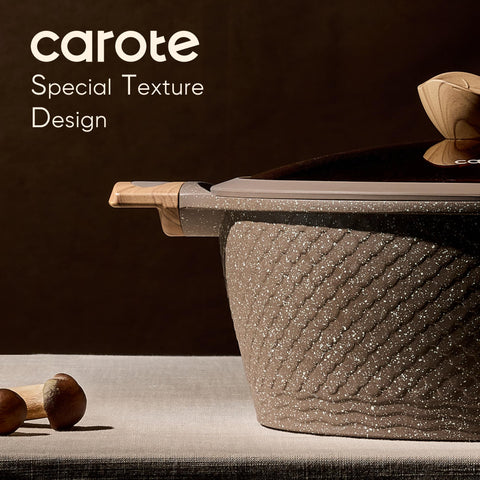 CAROTE granite-nonstick surface close-up, smooth food release and easy cleanup.