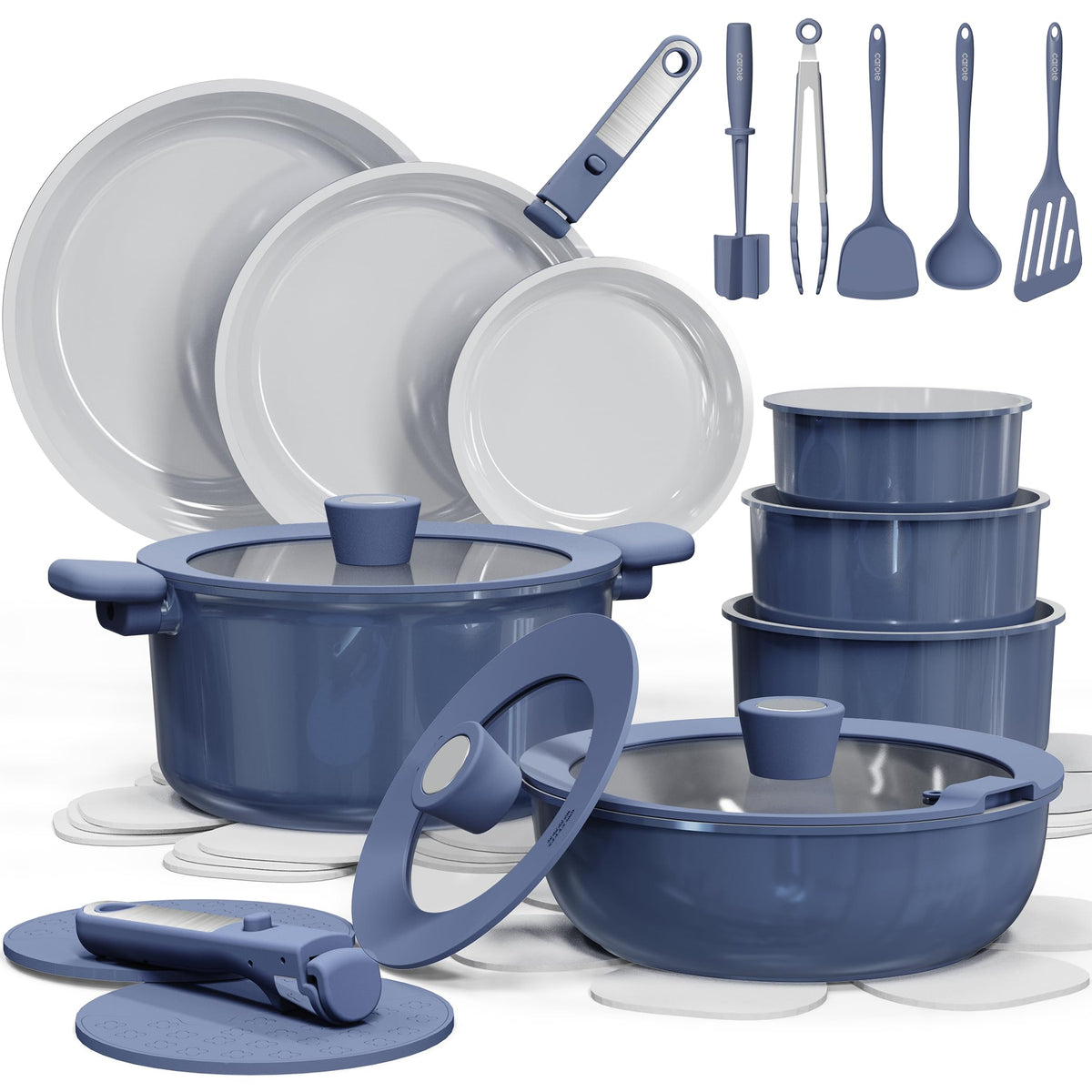 CAROTE 27-piece ceramic nonstick cookware set in navy blue for easy, low-oil meals.