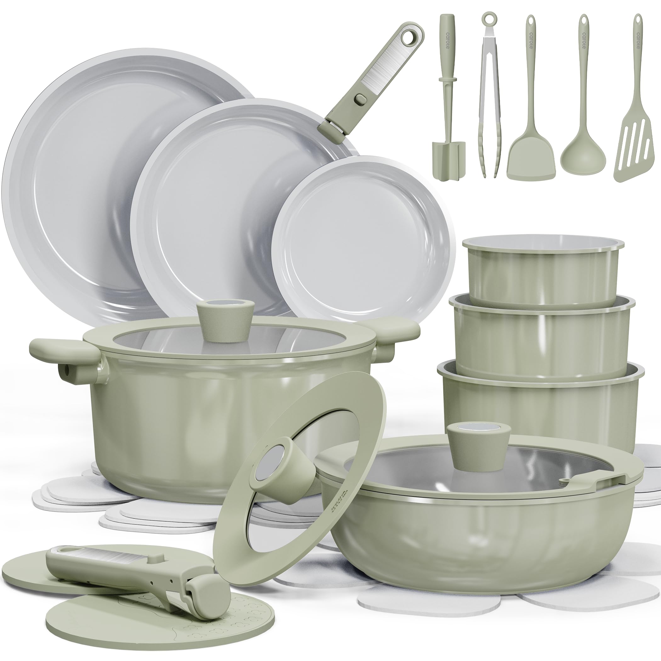 CAROTE 27pcs ceramic cookware set on counter with vibrant green finish.
