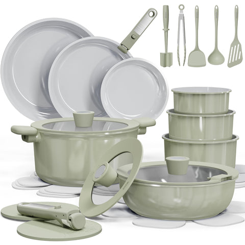 CAROTE 27pcs ceramic cookware set on counter with vibrant green finish.