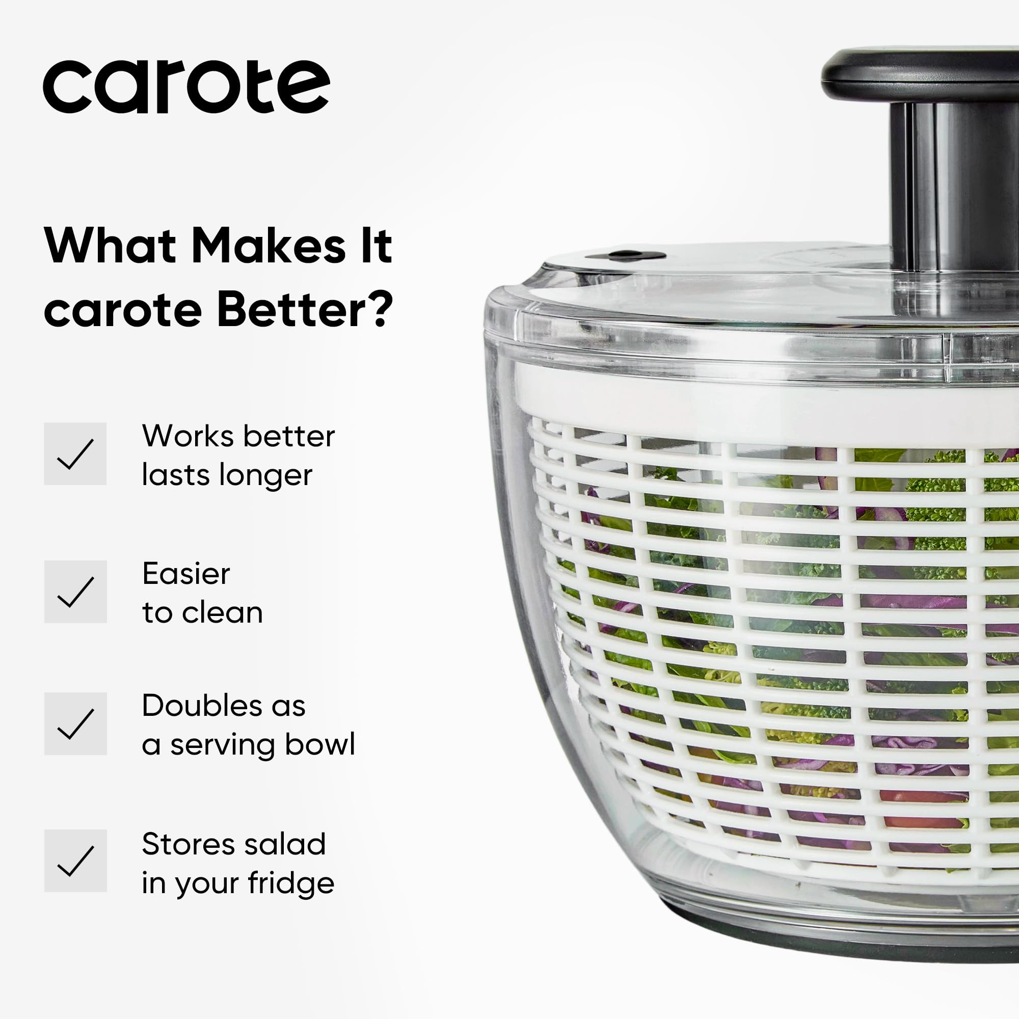 CAROTE 3.8 Qt salad spinner doubles as serving bowl and storage.