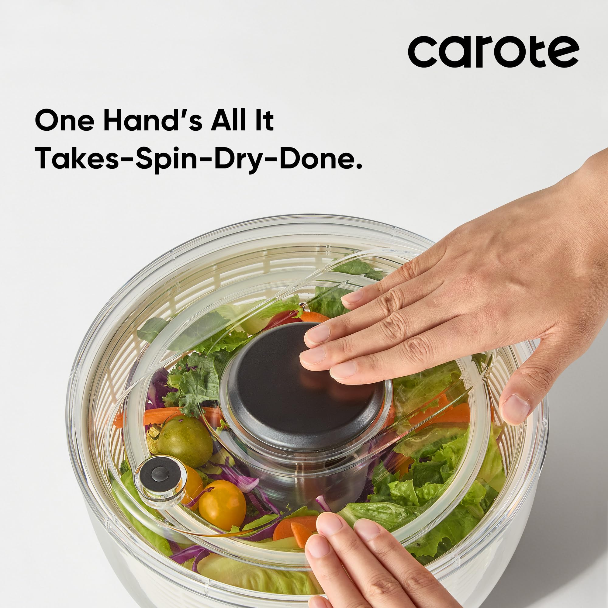 CAROTE 3.8 Qt salad spinner demonstrates one-handed operation for easy use.