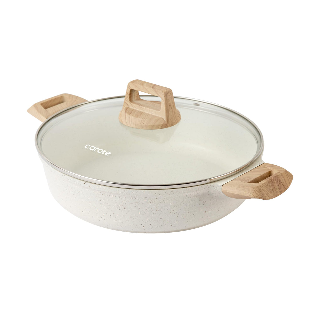 CAROTE 3 Qt nonstick stock pot with lid in white granite finish, easy-clean design.