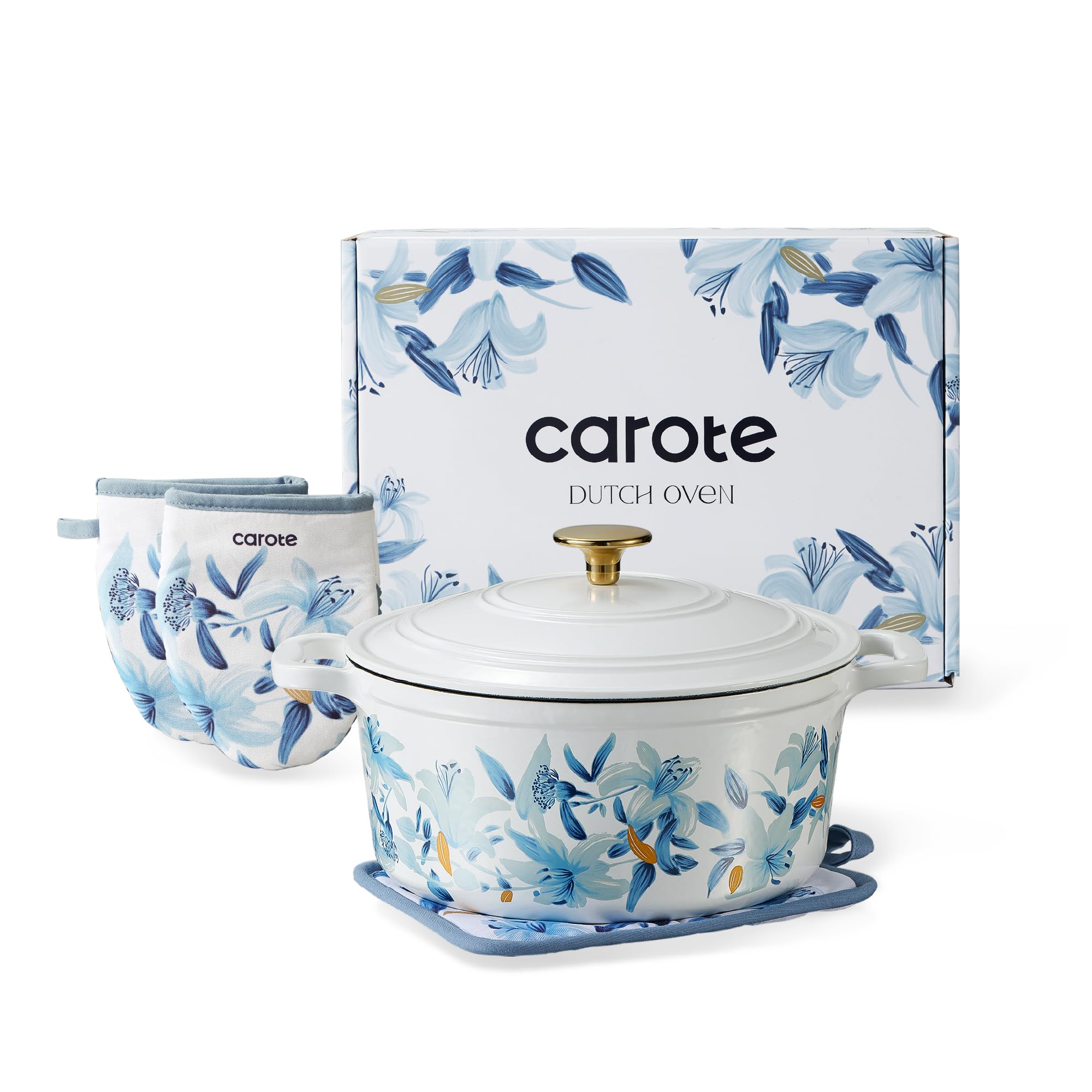CAROTE 5 qt Dutch oven with lid featuring floral pattern, ideal for searing and braising.