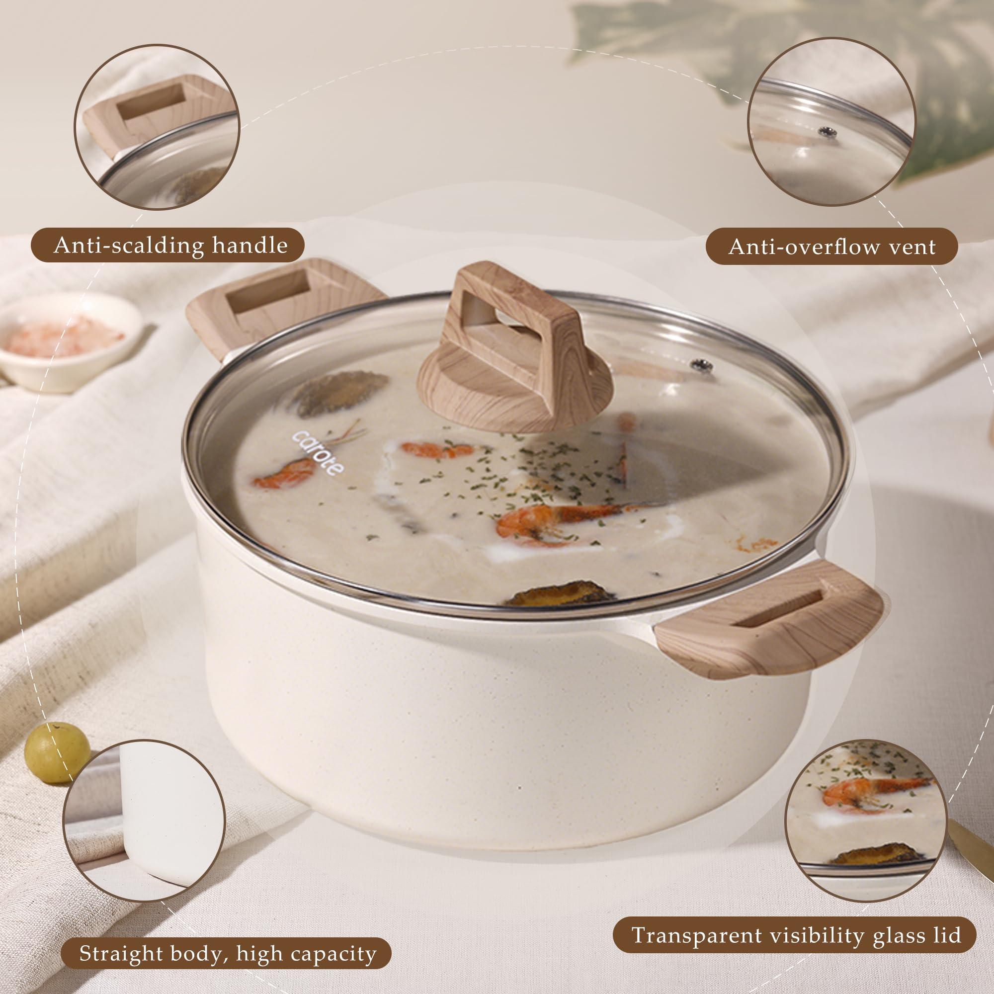 CAROTE easy-clean pot reduces residue with rivetless interior.