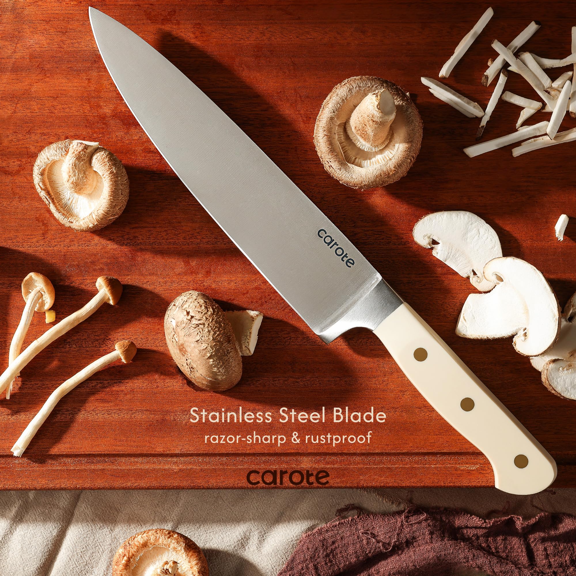 CAROTE 7-inch santoku knife for chopping vegetables and proteins.