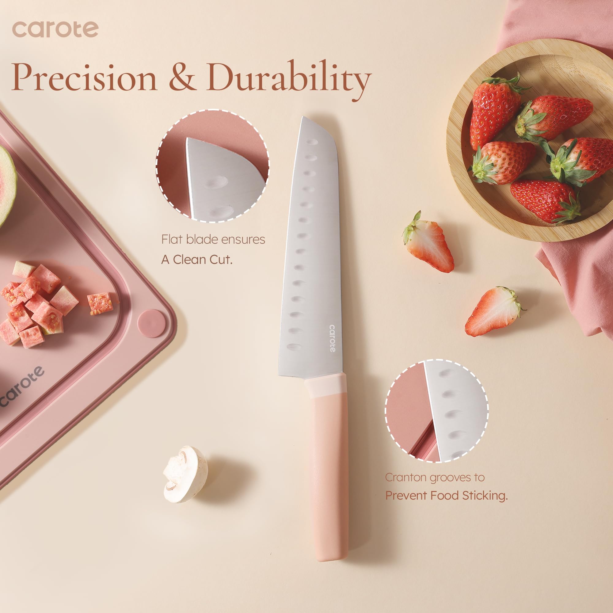CAROTE 7-inch Santoku pink knife versatile for dicing and mincing.
