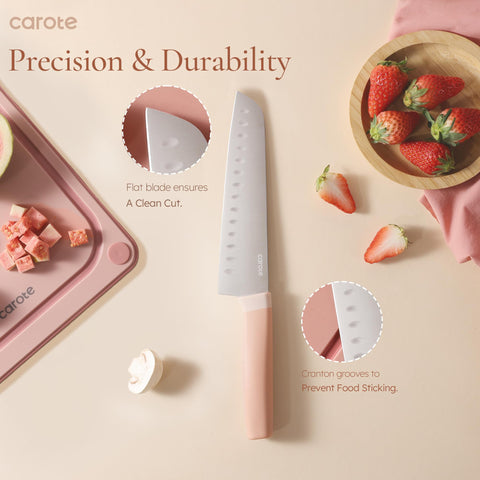 CAROTE 7-inch Santoku pink knife versatile for dicing and mincing.