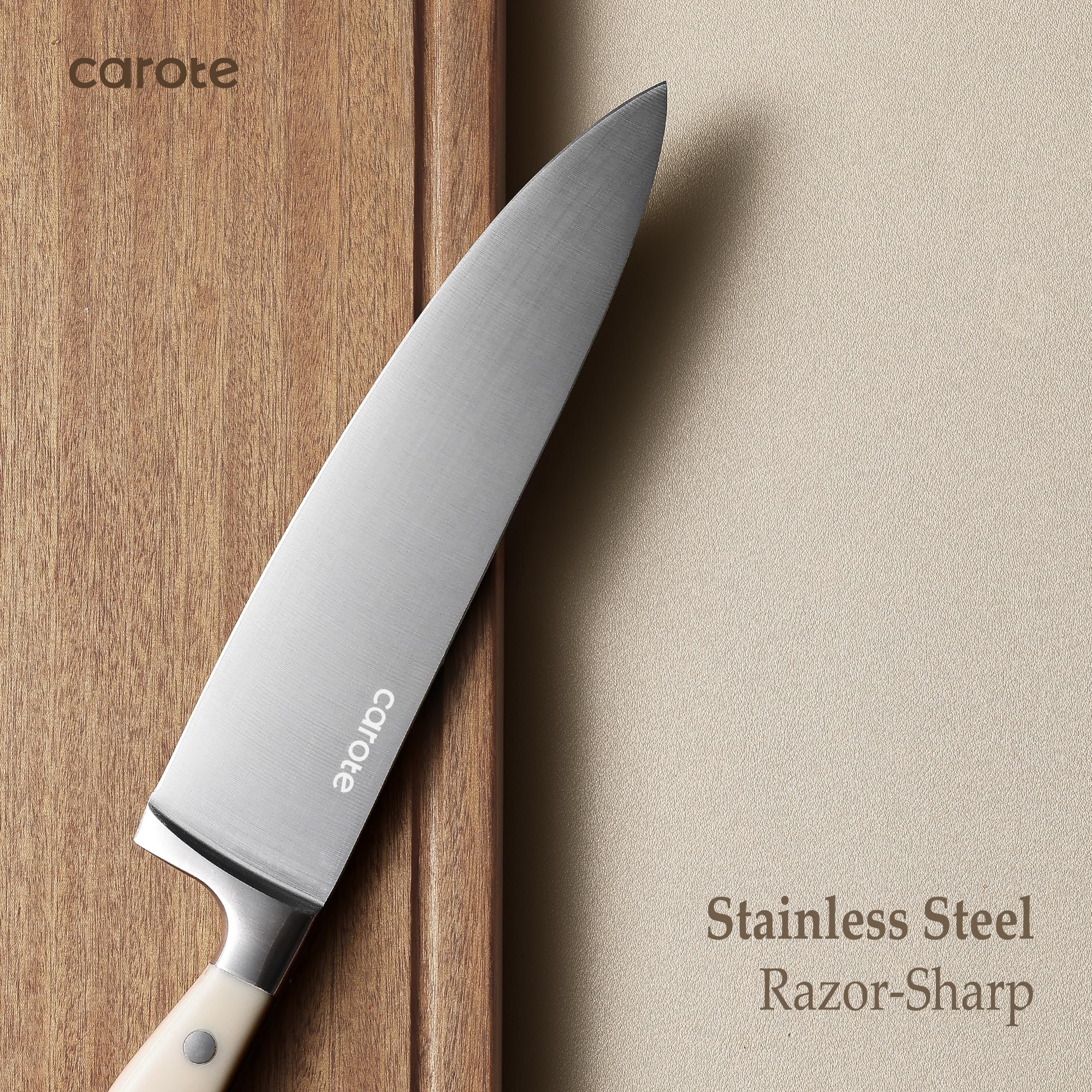CAROTE 8-inch bread knife showcasing serrated blade for clean slices.