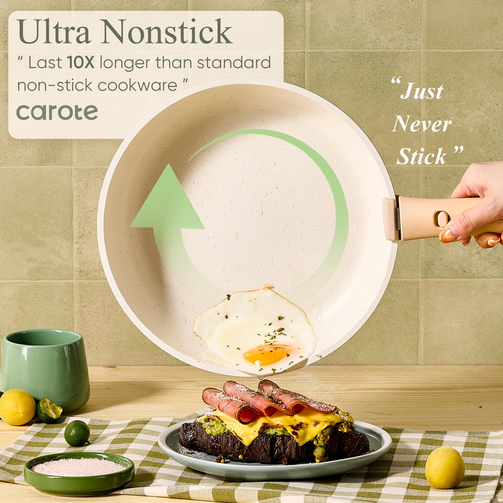 CAROTE 8in and 10in fry pans with lids for versatile cooking.