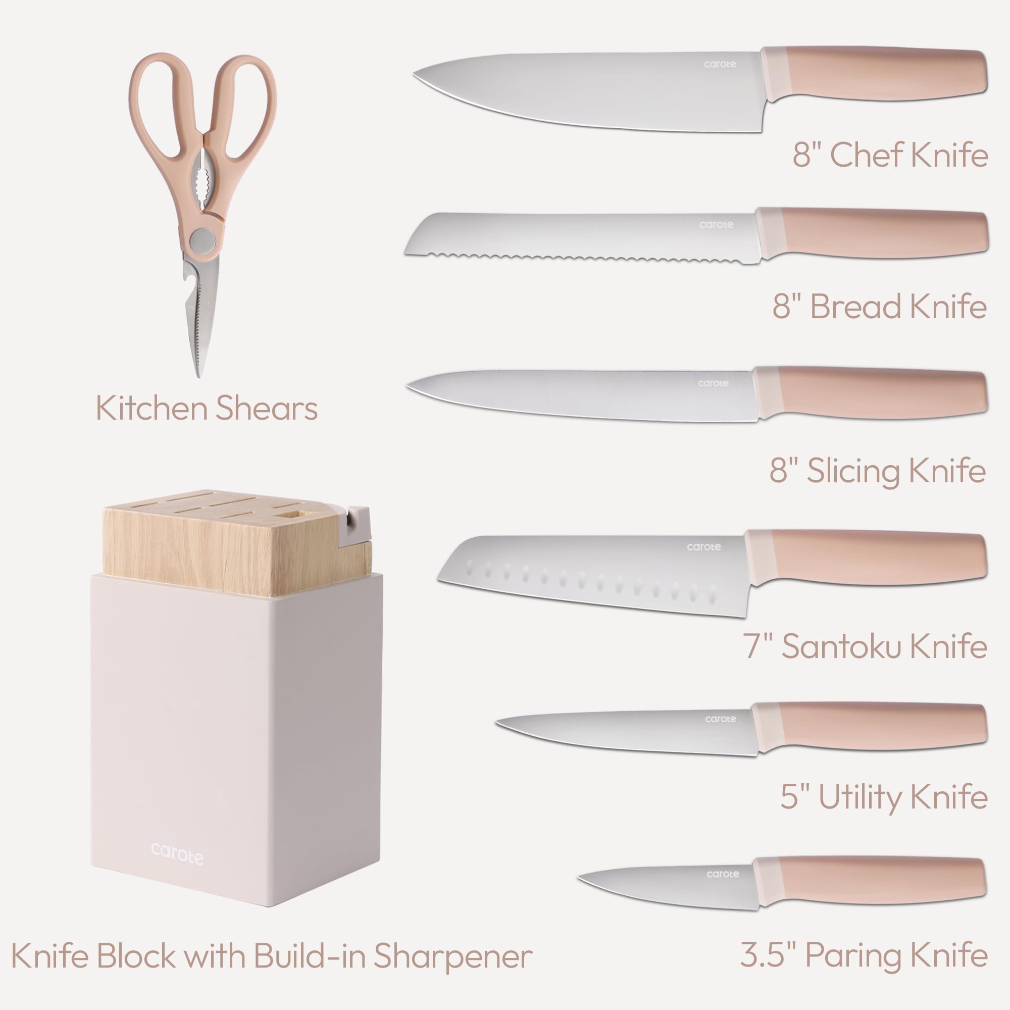 CAROTE 8-inch chef knife pink blade for precise chopping.