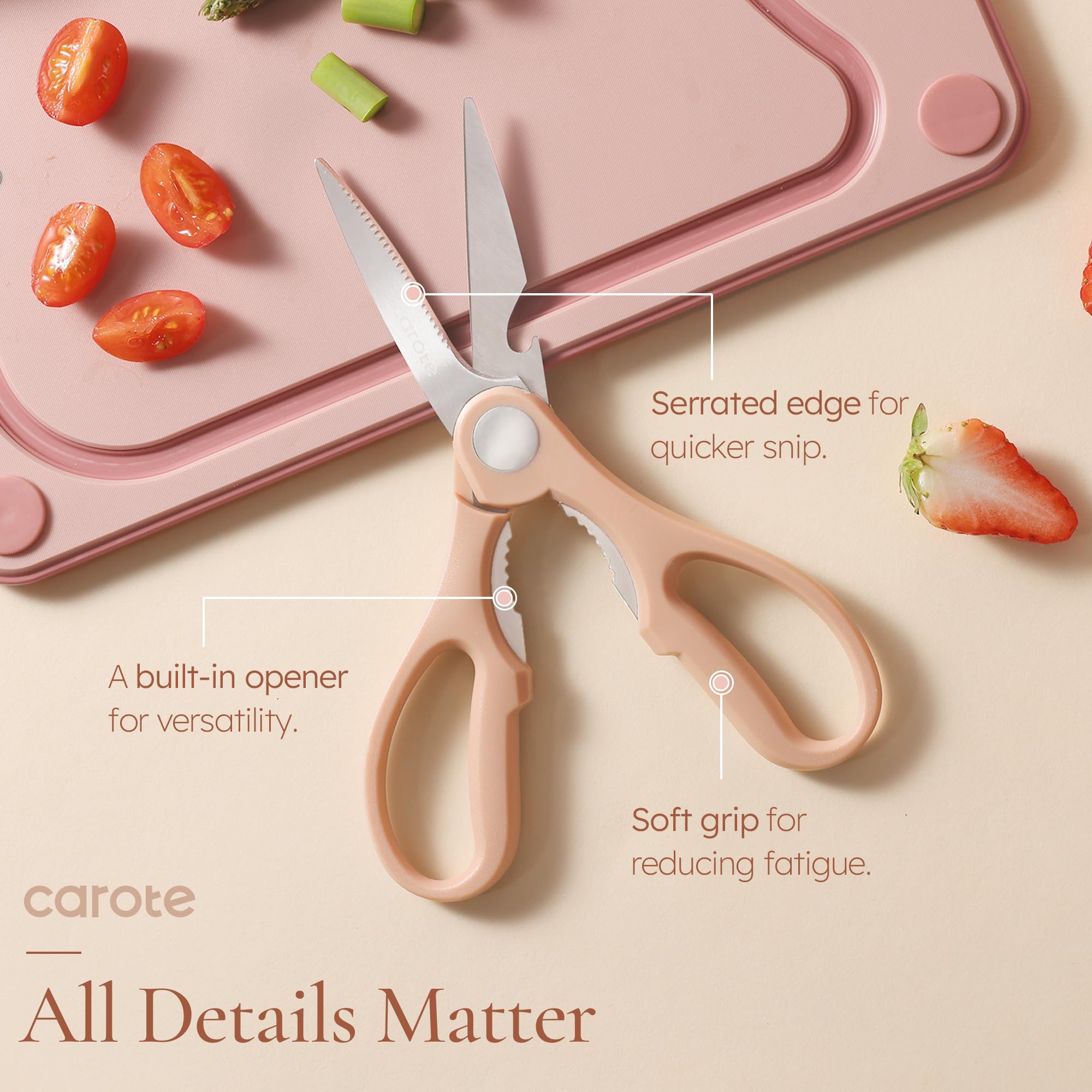 CAROTE 8-inch slicing knife pink blade for even meat and veggie cuts.