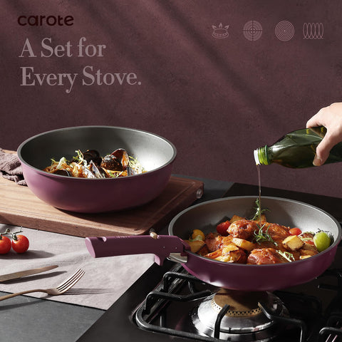 CAROTE 9-inch and 10-inch fry pans for quick searing and release.