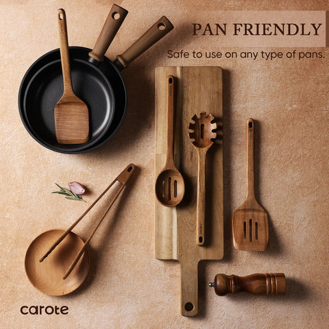 CAROTE acacia wood slotted spoon lifts foods with less mess