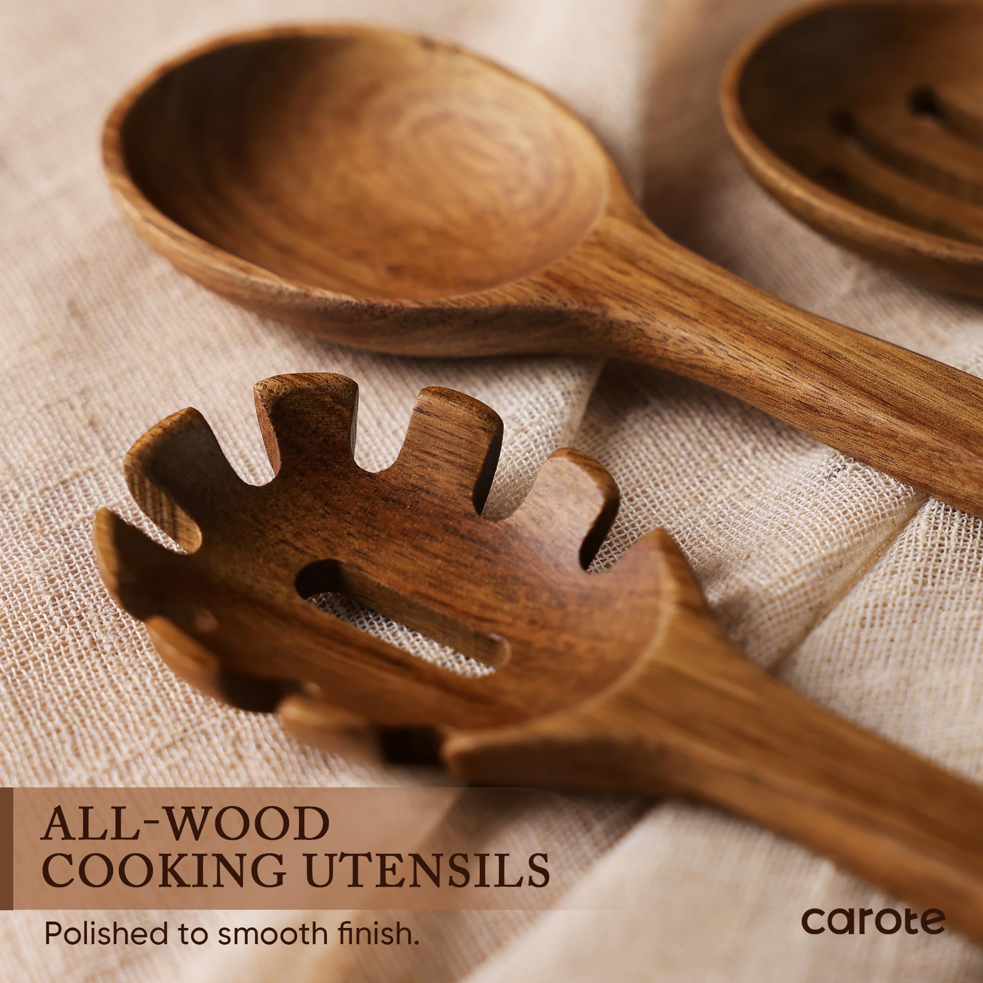 CAROTE acacia wood slotted turner that drains liquids while cooking