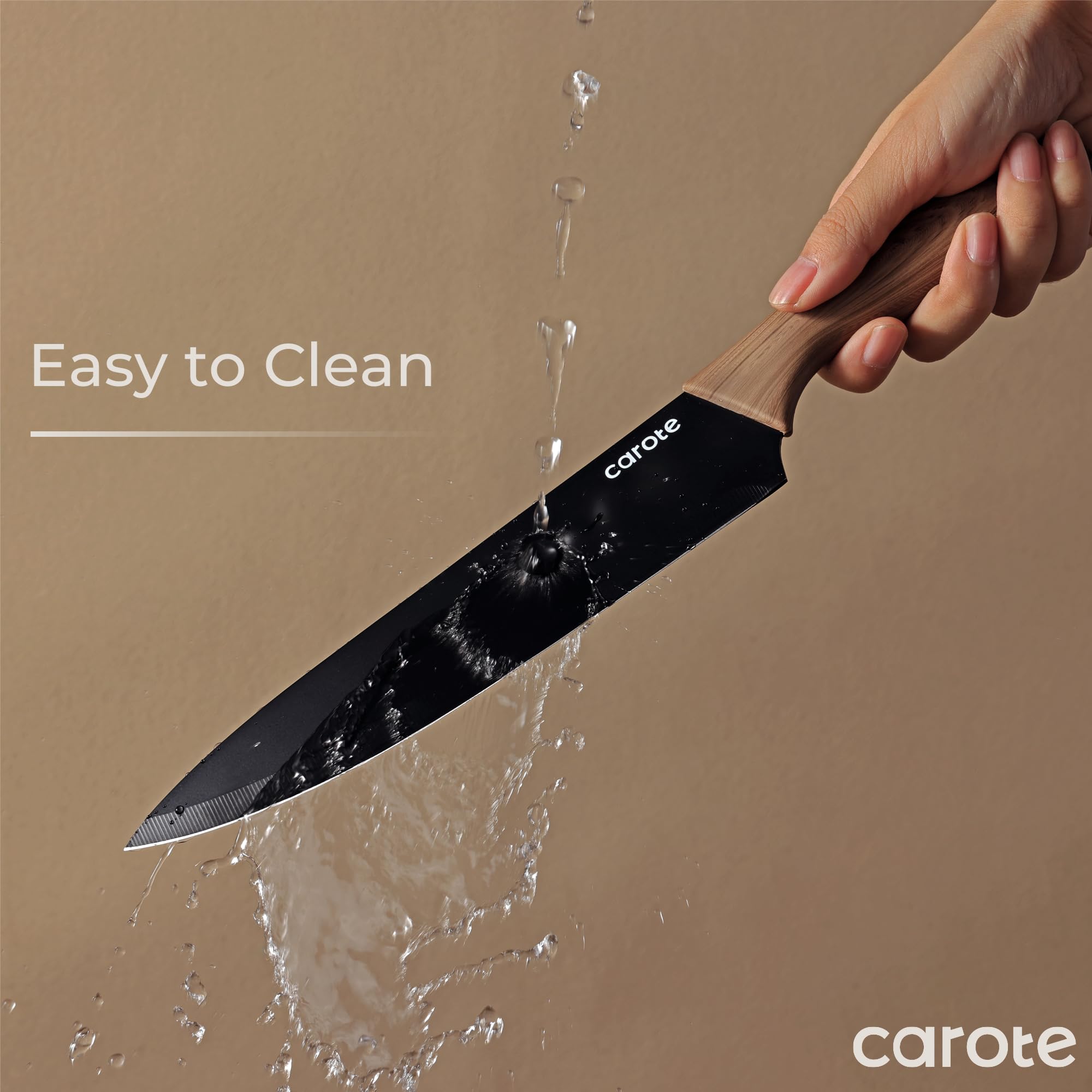 CAROTE knife guards enable safe, compact storage in kitchen cabinets.