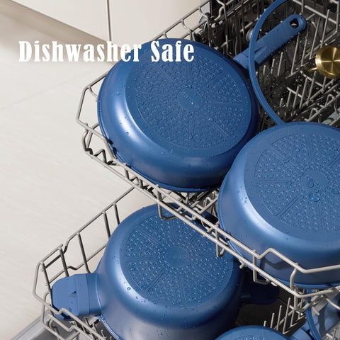 CAROTE blue ceramic cookware set on stove for bright kitchen accents