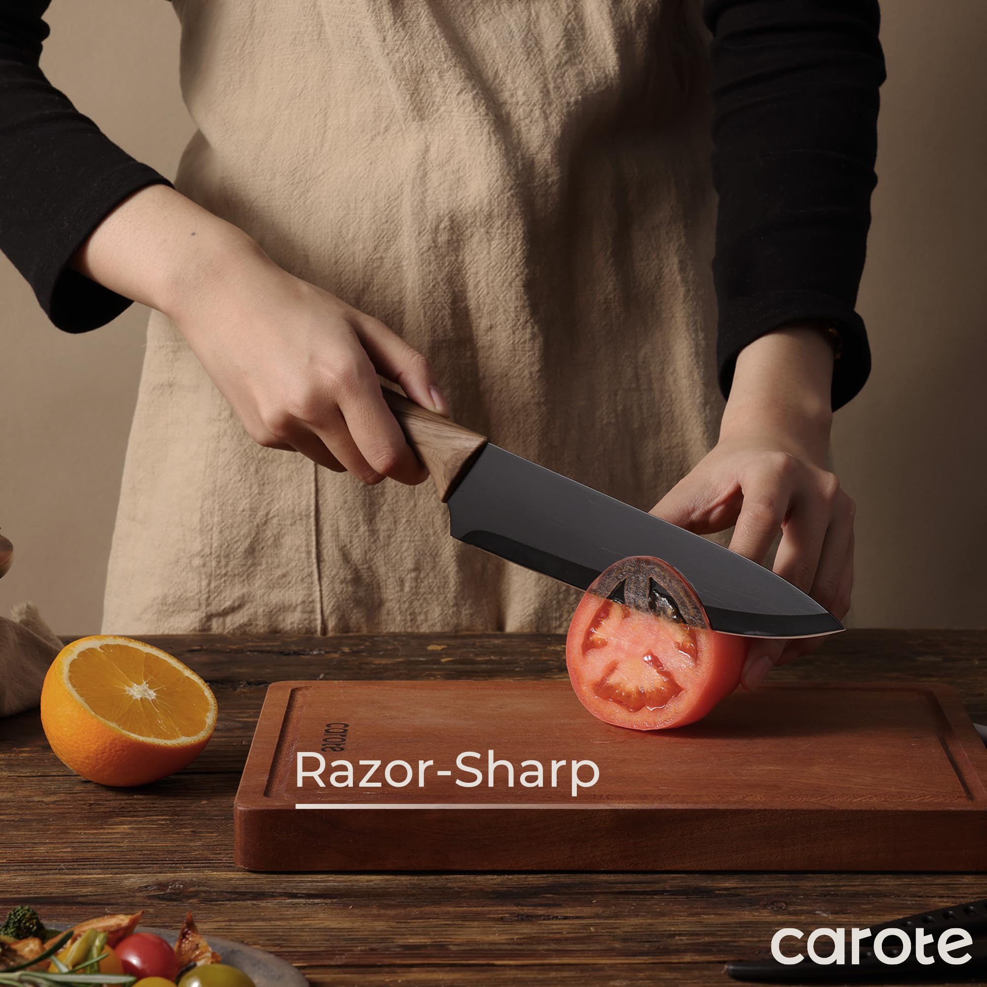 CAROTE ceramic-coated blades resist chips and stains for long-lasting performance.