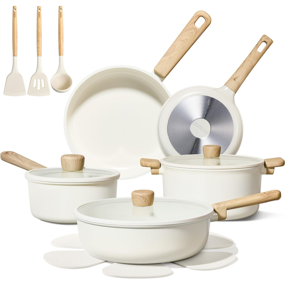 CAROTE ceramic cookware 16pcs fry pans showing easy nonstick cooking and quick cleanup