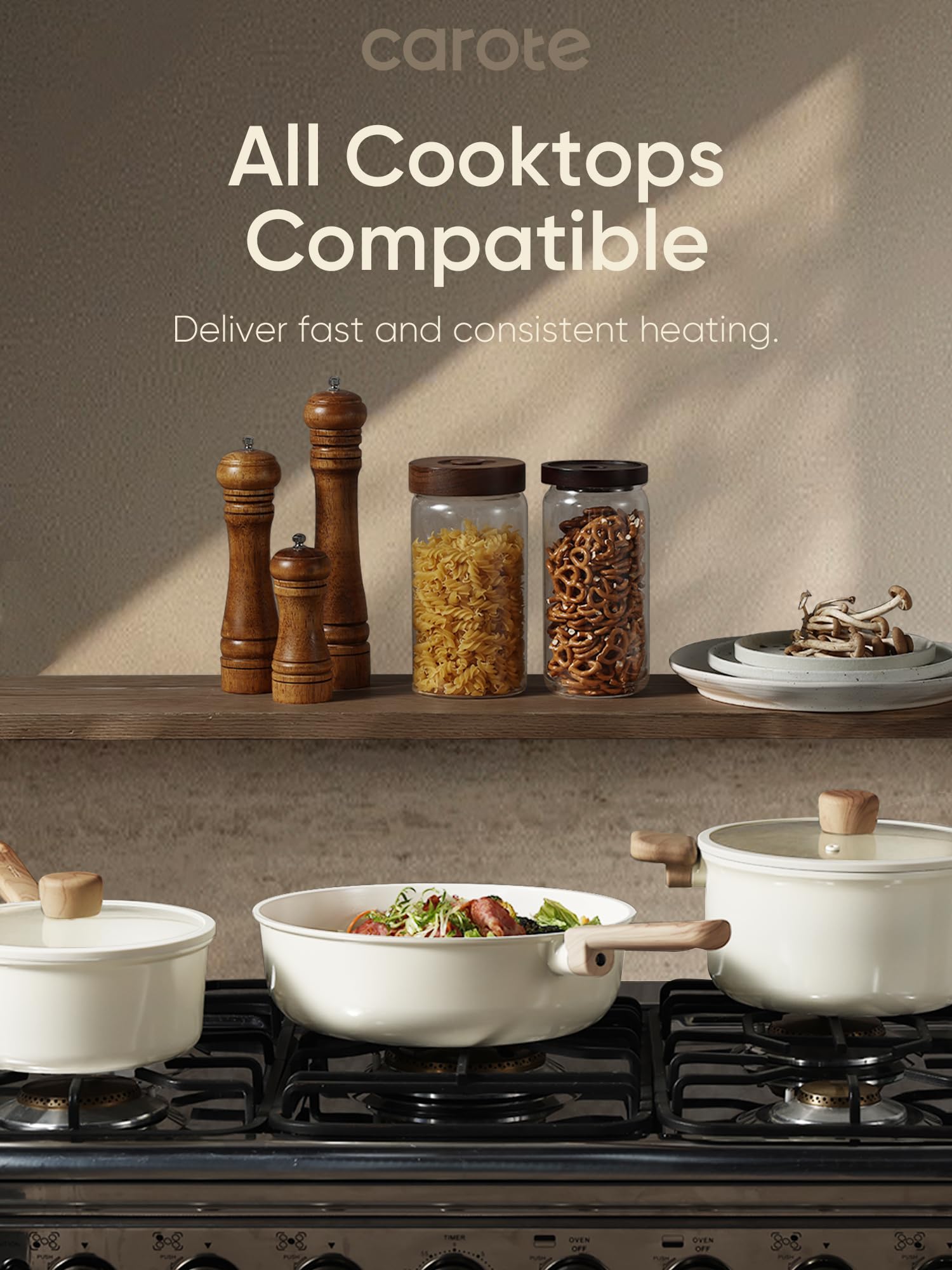 CAROTE ceramic cookware 16pcs induction-compatible base ensures fast, even heating