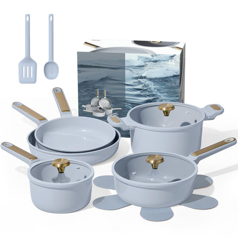 CAROTE pastel blue ceramic cookware set displayed as a complete kitchen collection for everyday use and easy cleanup