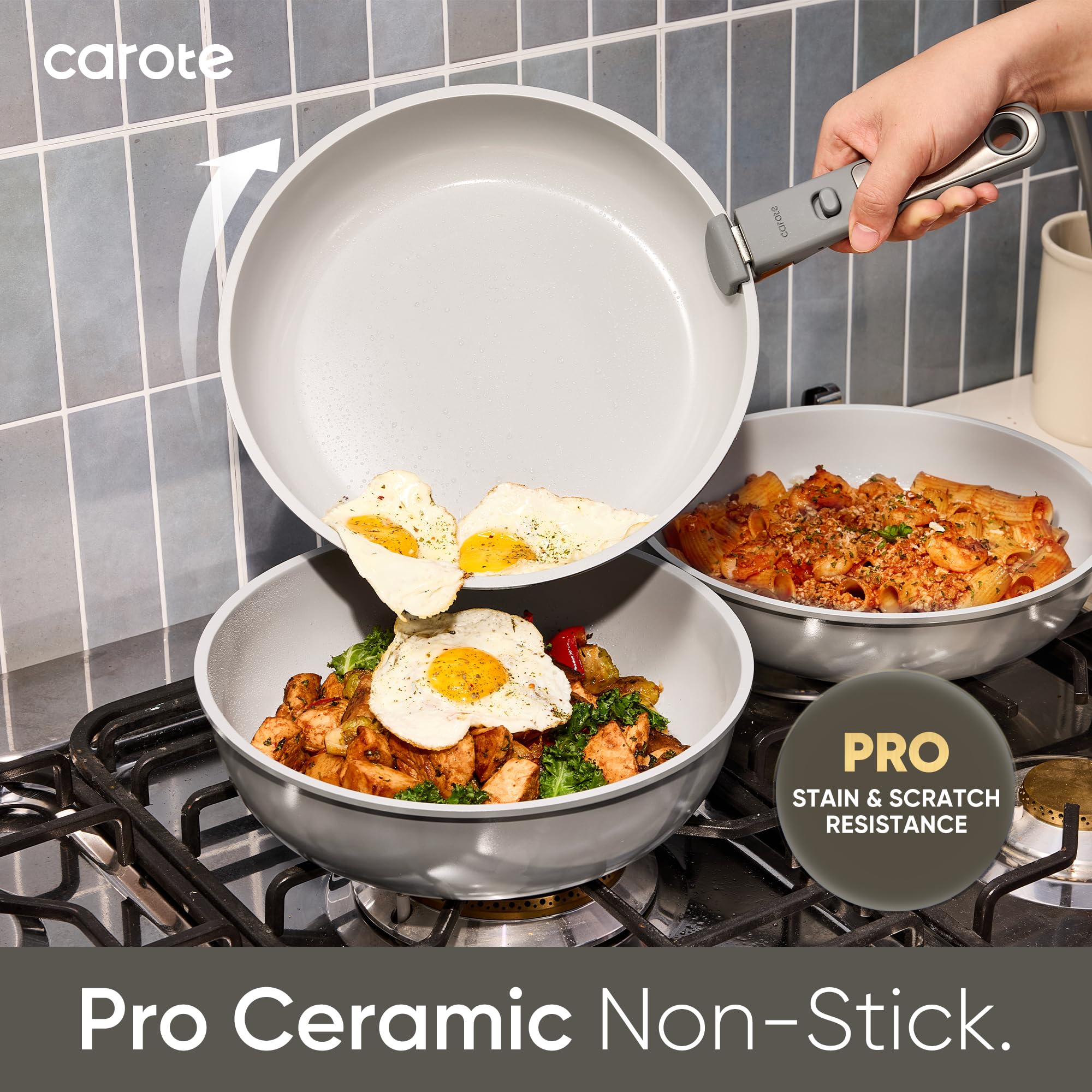 CAROTE ceramic nonstick coating ensures effortless release with little oil for healthier meals.