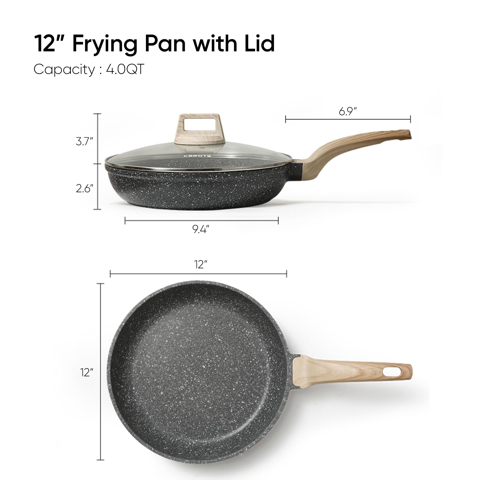 CAROTE classic granite 12in frying pan handle with cool-touch grip