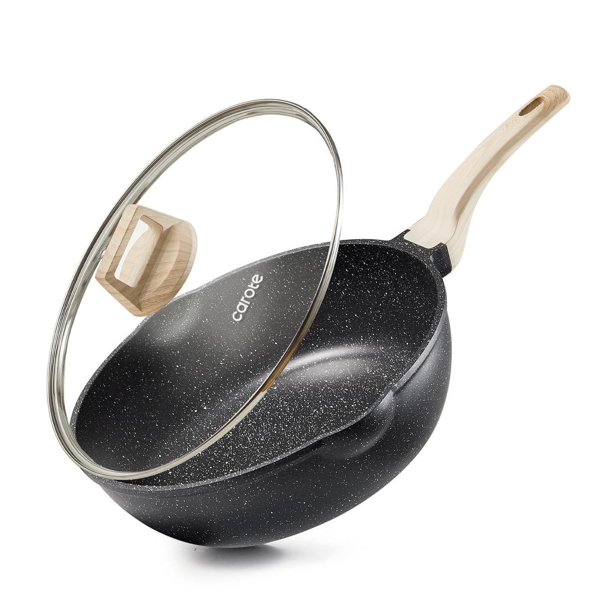 CAROTE deep frying pan with lid, granite surface for easy food release