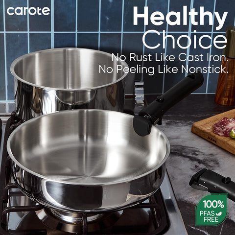 CAROTE detachable-handle pans for space-saving storage.