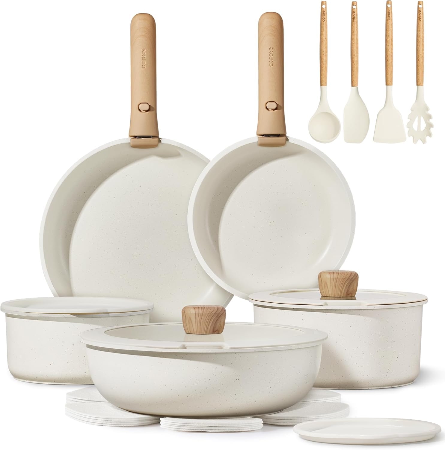 CAROTE detachable-handle pots and pans set for compact storage.