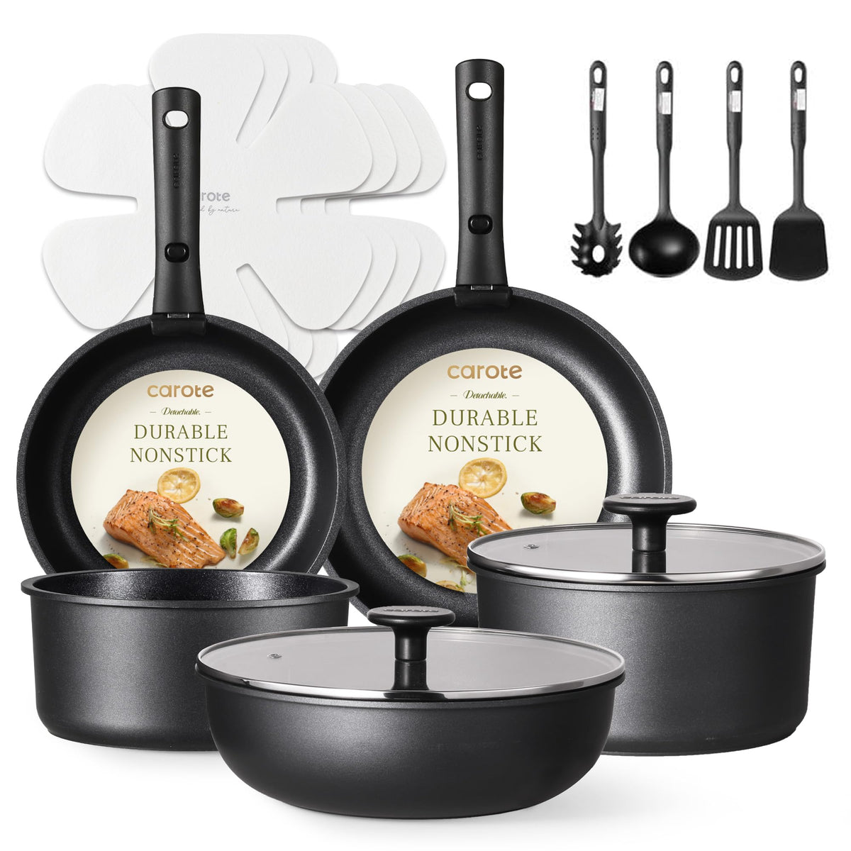 CAROTE detachable-handle pots and pans set for compact storage and easy serving