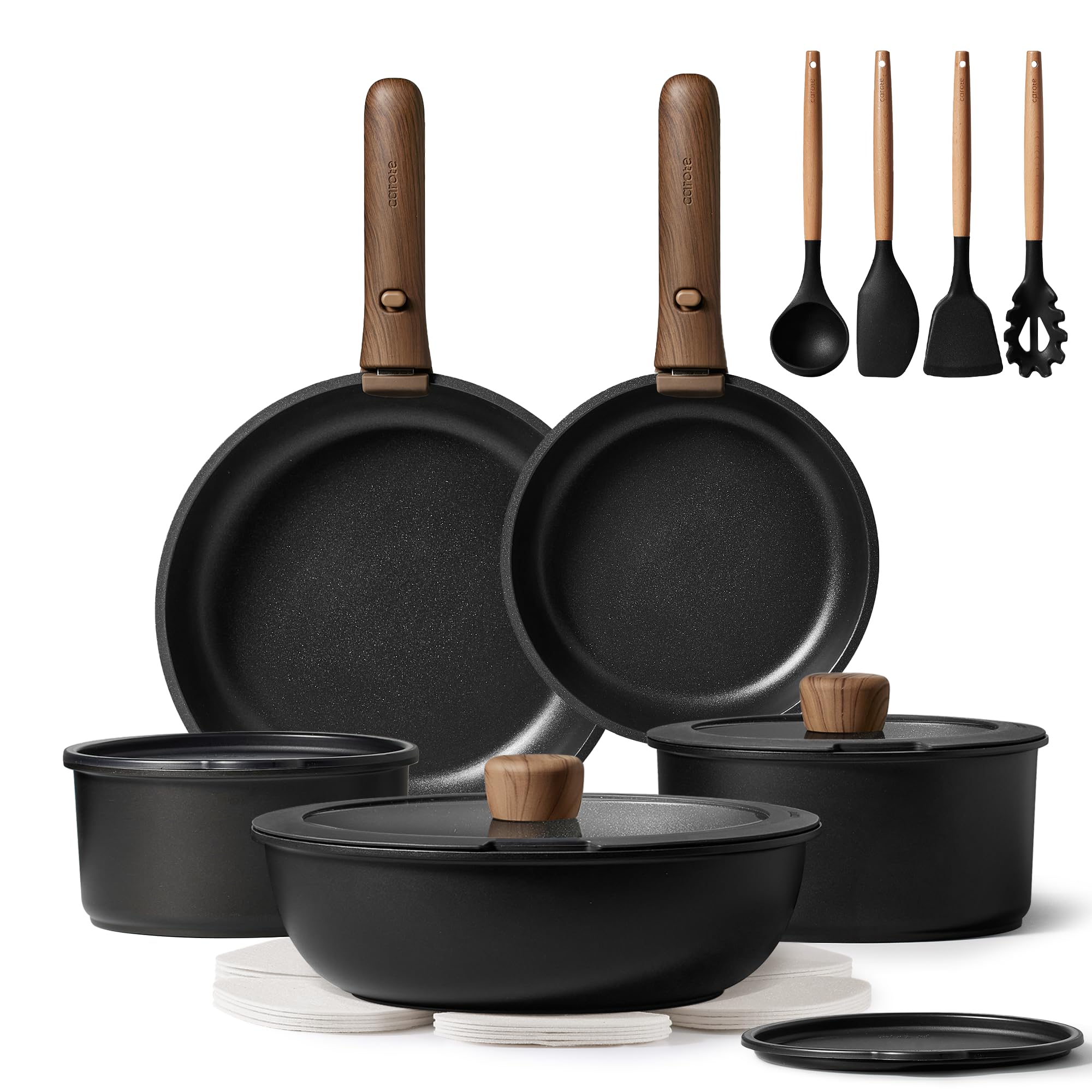 CAROTE detachable-handle pots and pans for space saving and versatile stovetop use.