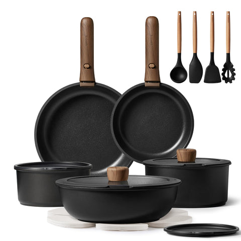 CAROTE detachable-handle pots and pans for space saving and versatile stovetop use.