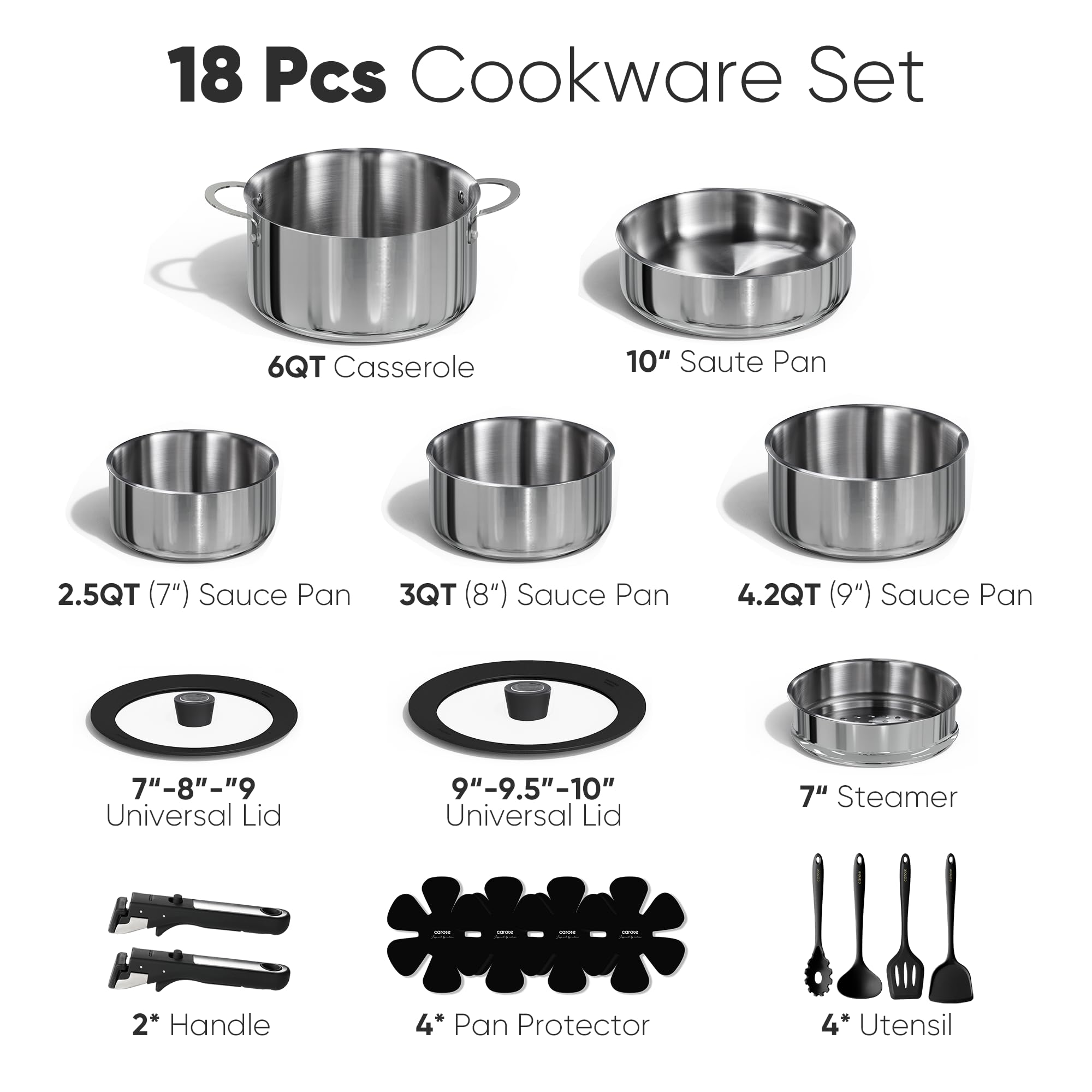 CAROTE detachable-handle pots with secure grip and easy transfers.