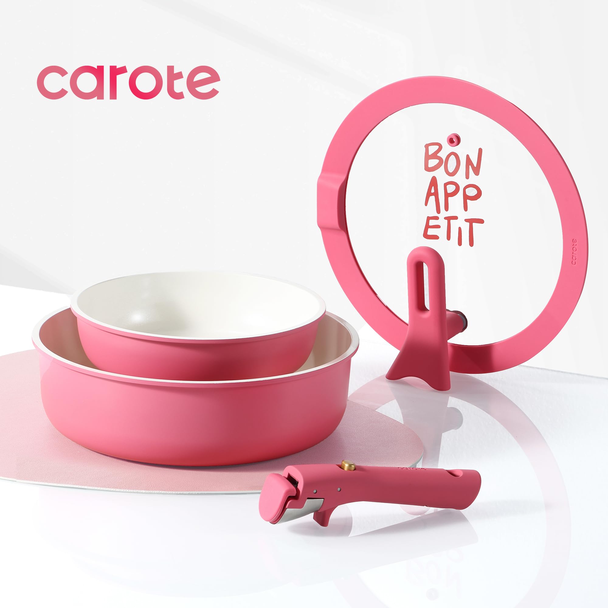 CAROTE detachable-handle design shown for easy switching between stovetop, oven, and table.