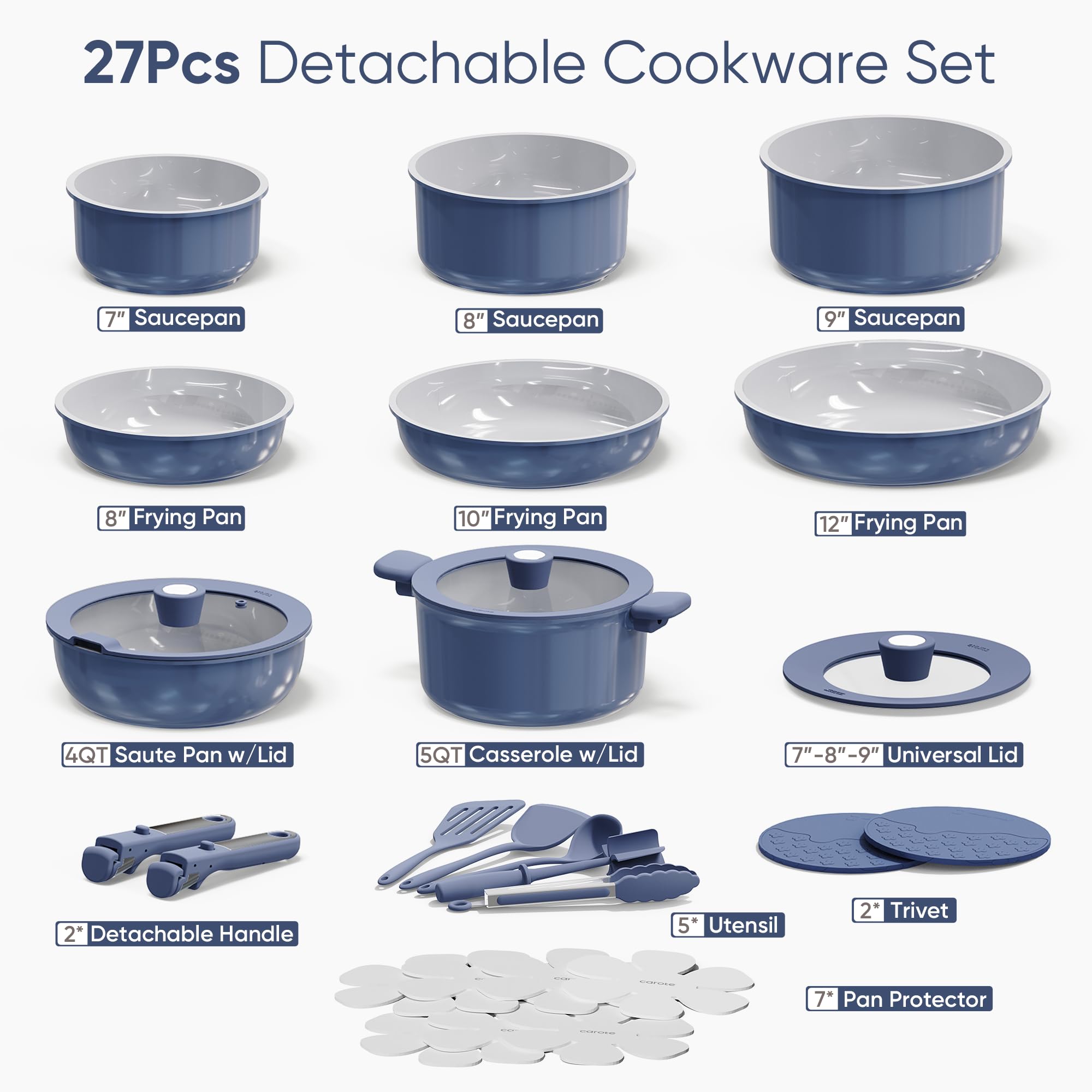 CAROTE detachable handles enable stove-to-oven transitions and compact storage.