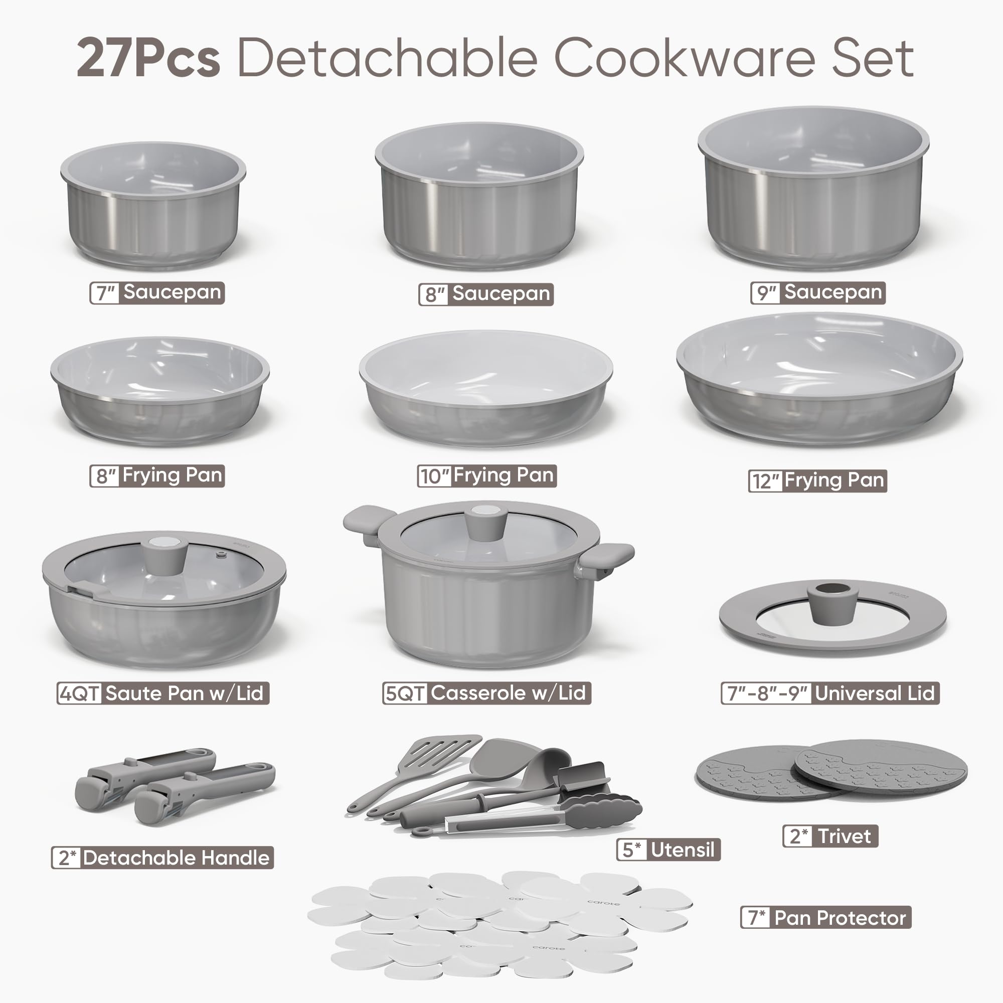 CAROTE detachable handles system enables easy stove-to-oven transitions and storage.