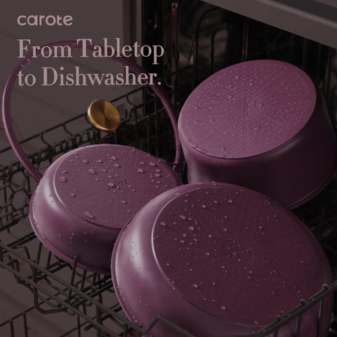 CAROTE dishwasher-safe cookware with spray-coated bottom resists residue.