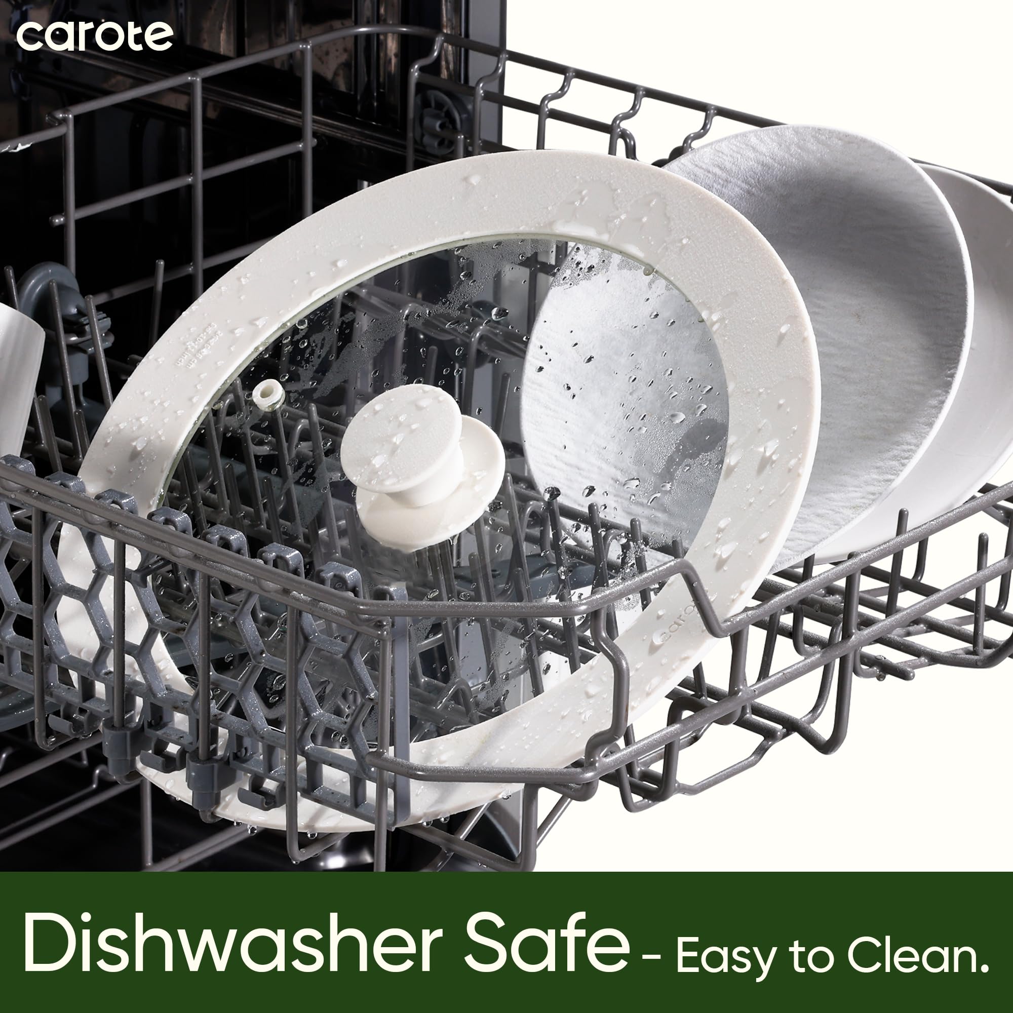 CAROTE dishwasher-safe lid stacks flat for compact kitchen storage.