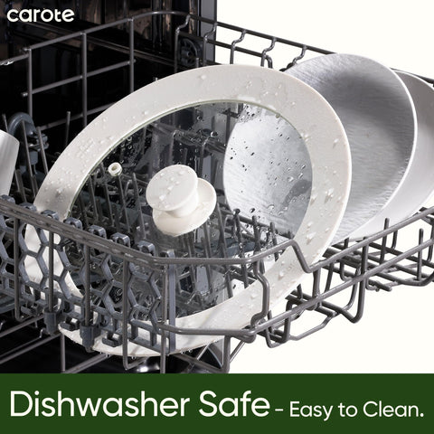 CAROTE dishwasher-safe lid stacks flat for compact kitchen storage.