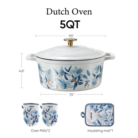 CAROTE floral enamel close-up shows vibrant pattern and durable finish for everyday cooking.