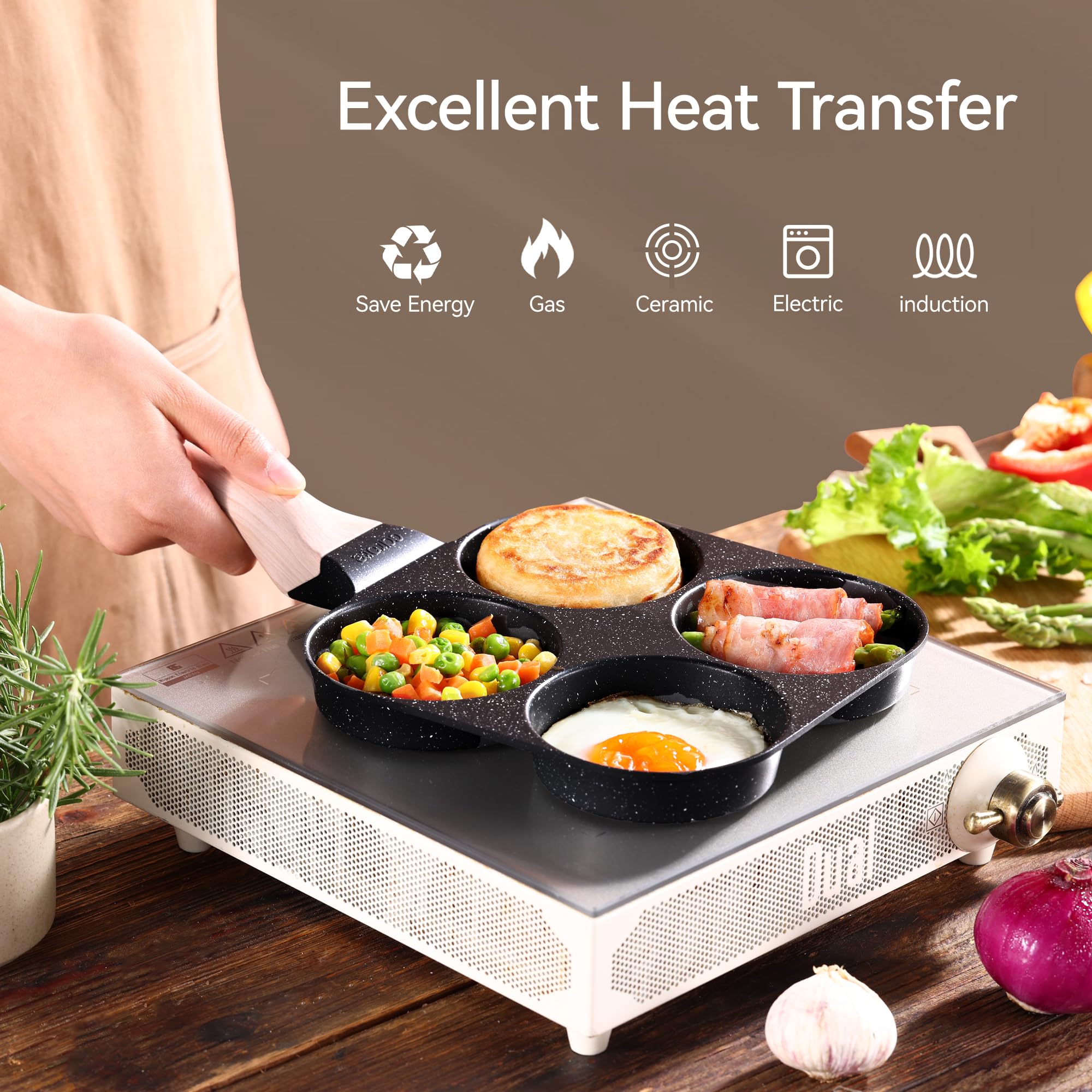 CAROTE egg pan four-egg design supports multiple recipes.