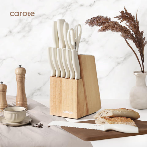 CAROTE elegant wooden block keeps knives safely organized on the counter.