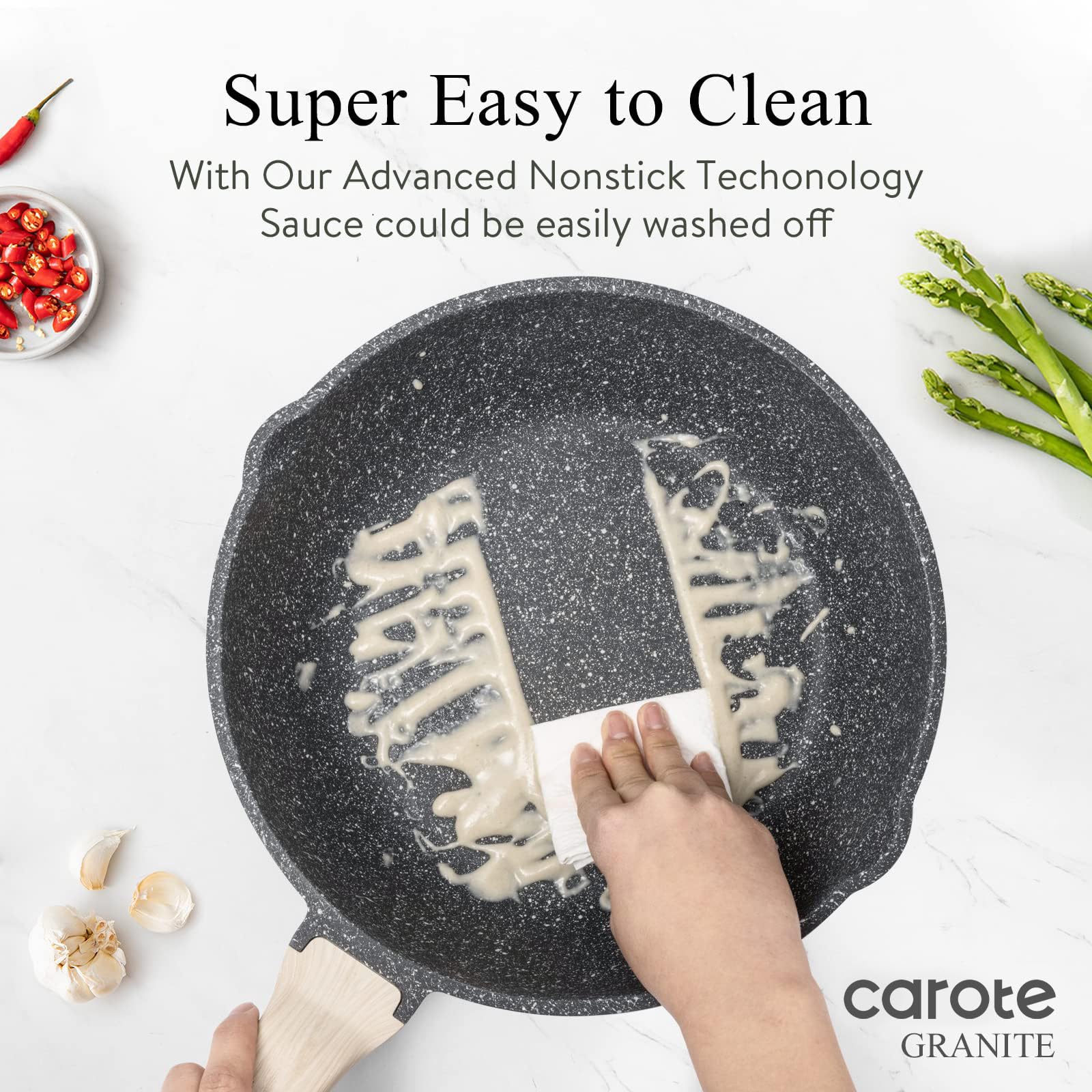 CAROTE ergonomic wooden handle stays cool during cooking
