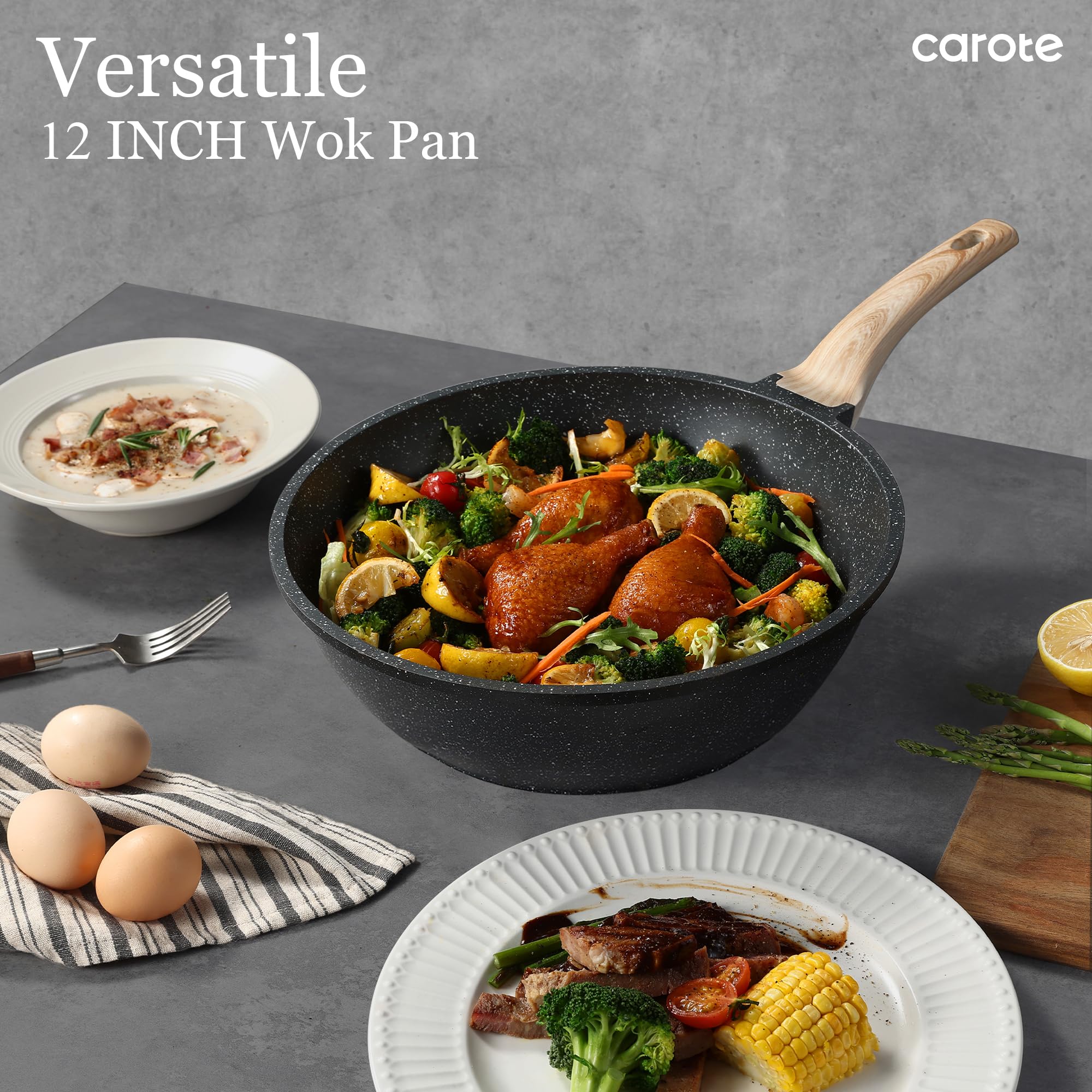 CAROTE heat-resistant bakelite handle stays cool during cooking.