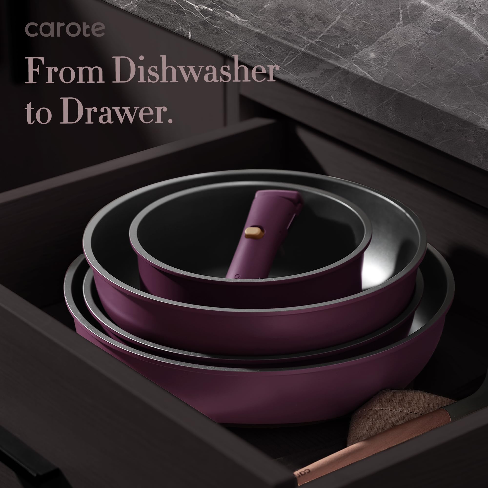 CAROTE gold and purple cookware adds style and space efficiency.